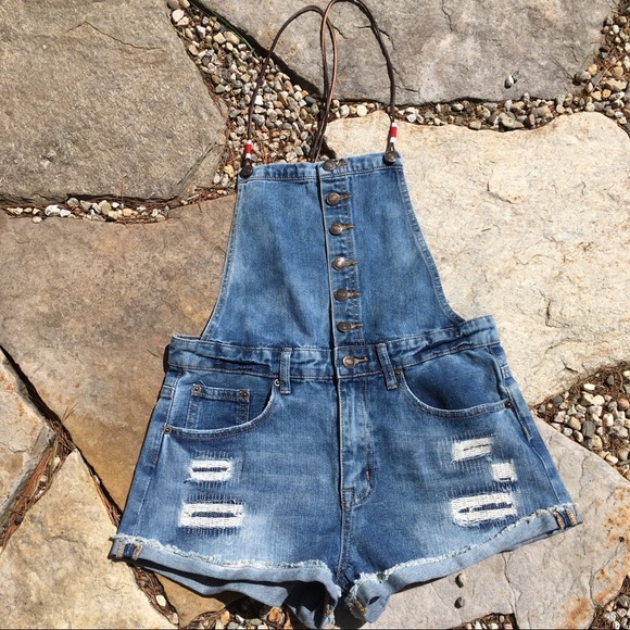 Forever 21 Denim - FOREVER 21 Distressed Denim Shortall Rawhide Strap